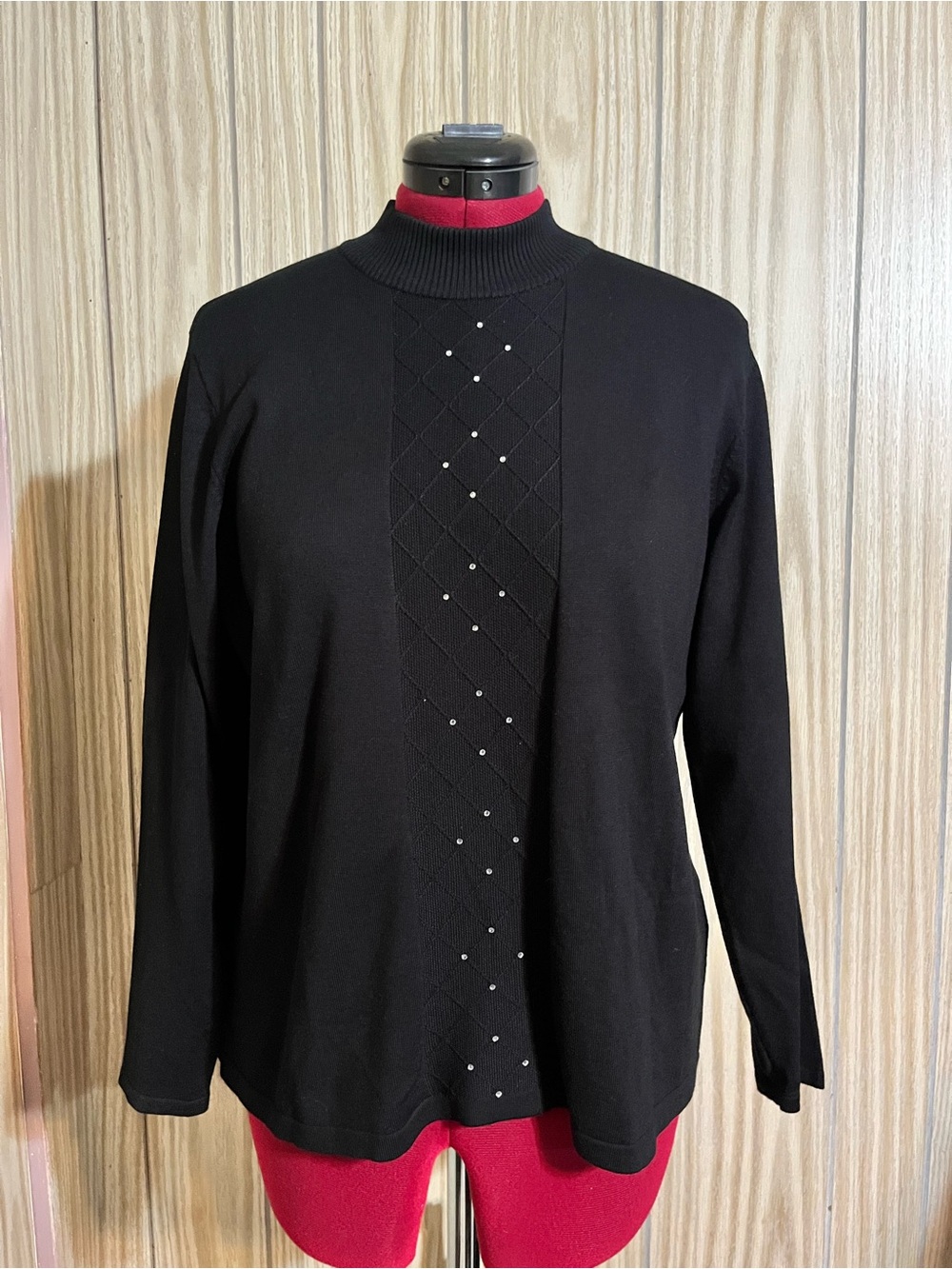 Black long sleeve Mock Neck Rhinestone-Trim Sweater
